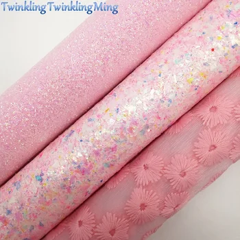 

PINK Glitter Fabric, Flowers Quilted net Fabric Sheets For Bow A4 21x29CM Twinkling Ming XM013A