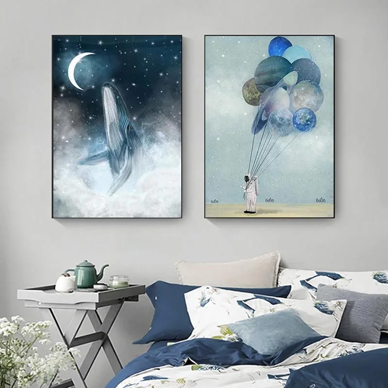 

Abstract Blue Whale Canvas Painting Astronaut Planet Poster Print Nordic Wall Picture for Living Room Nordic Wall Art Tableaux