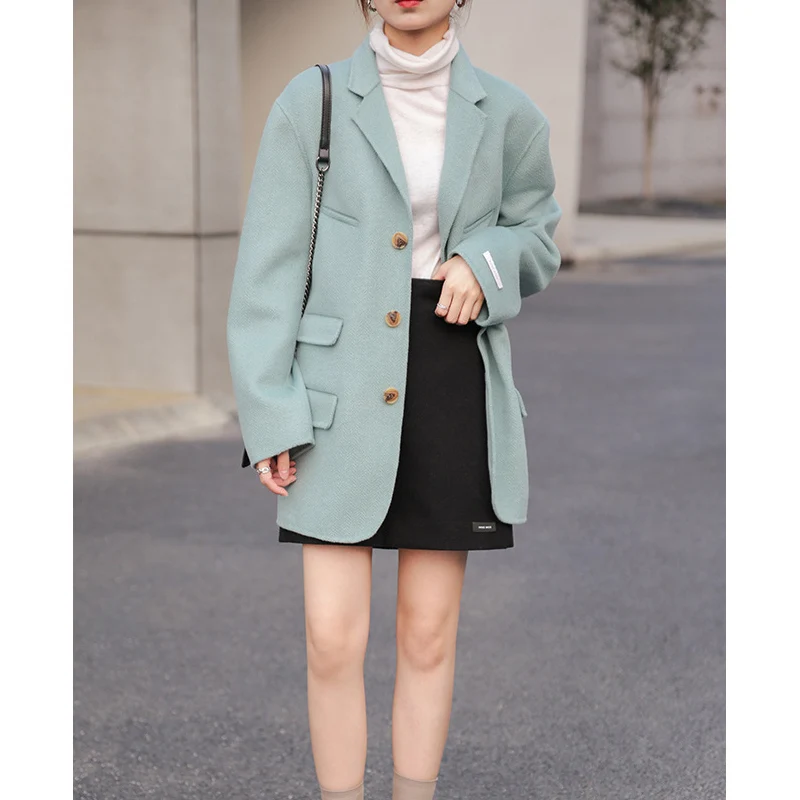 Зеленый autumn and winter suit collar woolen coat female retro solid color handmade double-sided woolen coat - Цвет: Зеленый