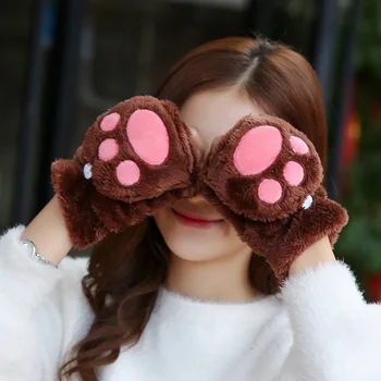 

Cute Cartoon Cat Paw Women Girls Screen Touch Gloves Claw Flip Winter Warm Faux Fur Flip Cover Mittens Convertible Gloves