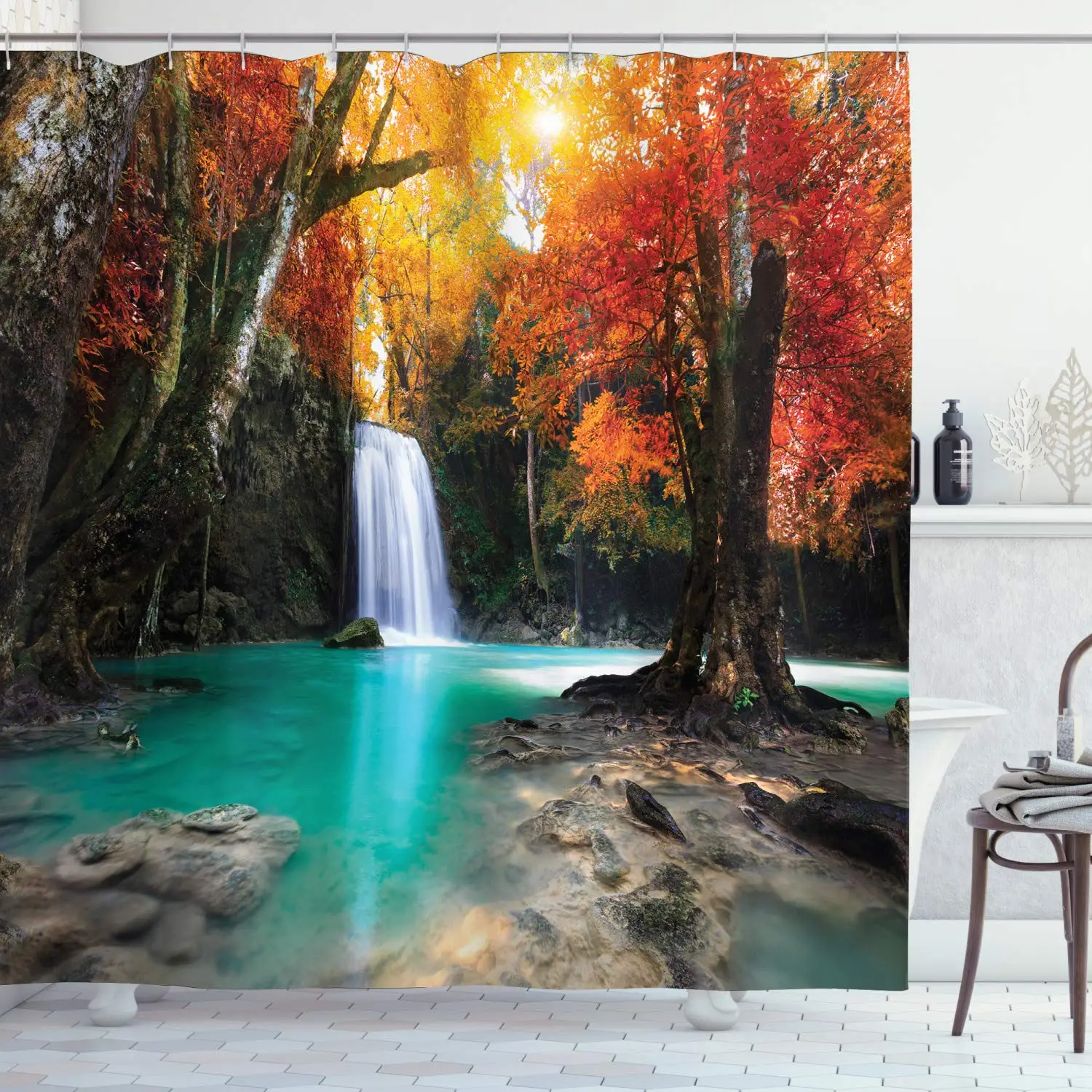 Polyester Fabric Bathroom Shower Curtain Set with Hooks Paprika Turquoise Ivory 60x72 Deep Forest Waterfall Runoff Autumn Forest Image Pattern Yeuss Waterfall Decor Collection