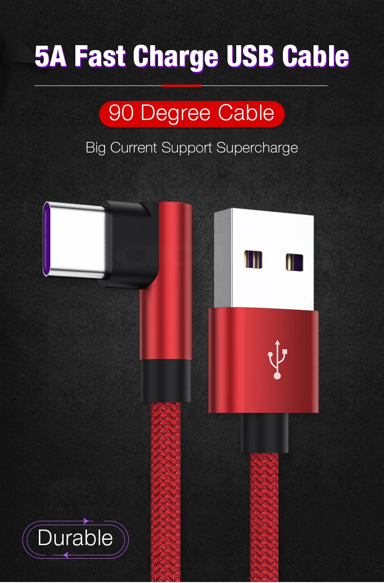 5А usb type C 90 градусов USB C кабель для samsung S10 S8 Xiaomi mi 9 9T красный mi Note 7 Быстрая зарядка type C кабель для huawei P20 P30