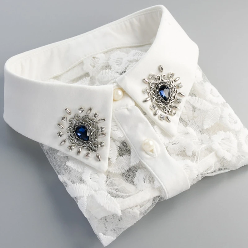 

Women Rhinestone Lace Embroidery Shirt False Collar Detachable Fake Necklace