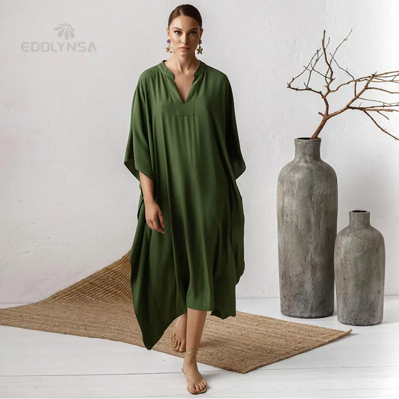 Long Red Kaftan Plus Size V-neck Maxi Dress Summer Clothing Women Beach Wear Swim Suit Cover Up robe de plage sarong Q1344