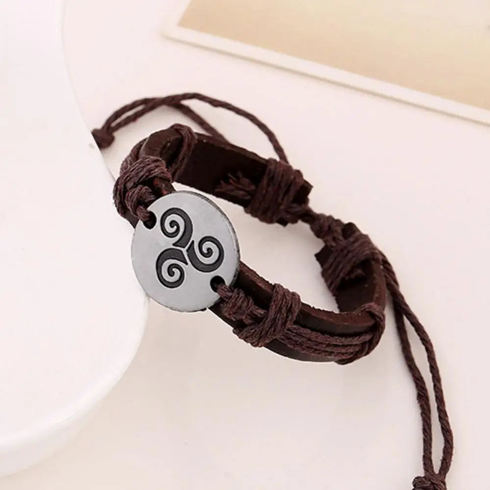Vintage Bracelets Men Women Spiral Triskele Round Charm Braided Faux Leather Bracelet Birthday Party Gift