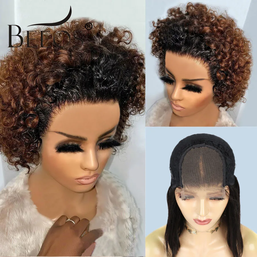 US $67.39 Beeos Short Curly 250 Pixie Cut Bob Wig 44 Lace Human Hair Wigs Brazilian Remy Human Hair Pre Plucked With Baby Hair