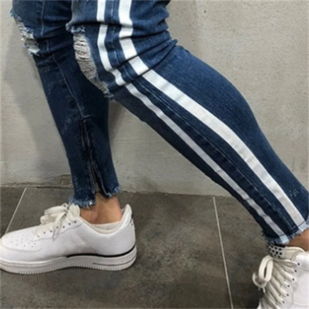 EH·MD® Side Double Striped Jeans Men's Hole Zipper Calf Trousers Slim Four-color Cotton Slim Skinny Breathable Comfortable 2020