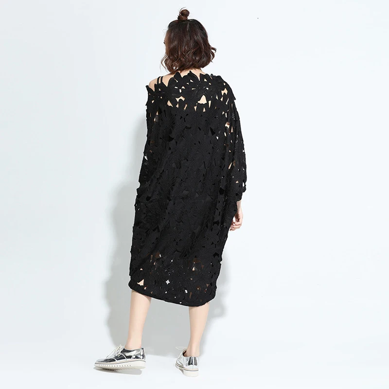 [EAM] Women Black Lace Hollow Out Two Piece Dress New Slash Neck Long Sleeve Loose Fit Fashion Tide Spring Autumn Q09101