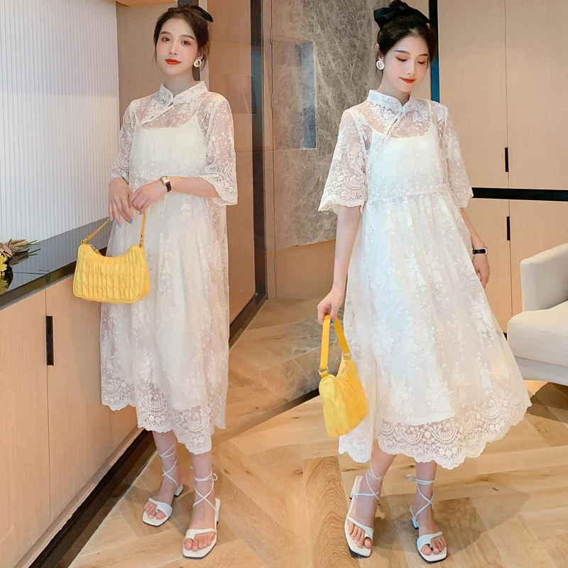 5018 Maternity Clothes Stylish Sweety Vintage 2Pcs Maternity Dress Set Clothes for Pregnant