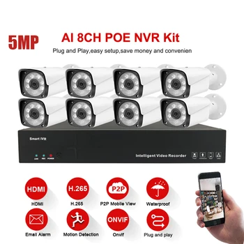 

8CH 5MP POE Kit H.265 System CCTV Security Smart NVR Outdoor Waterproof IP Camera Surveillance Alarm Video P2P