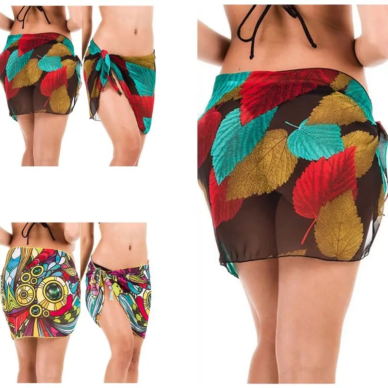 Женская летняя Солнцезащитная шифоновая саронг юбка с запахом, богемный цветной леопард, кокосовое дерево, цифровой принт, купальник, накидка