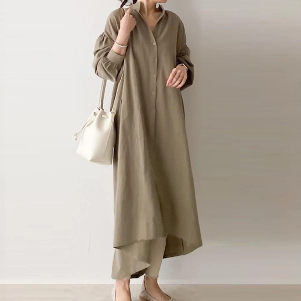 

Japanese Loose Large Size Long-sleeved Dress 2020 New Autumn Breathable Puff Sleeve Long Single-breasted Women Casual Dress