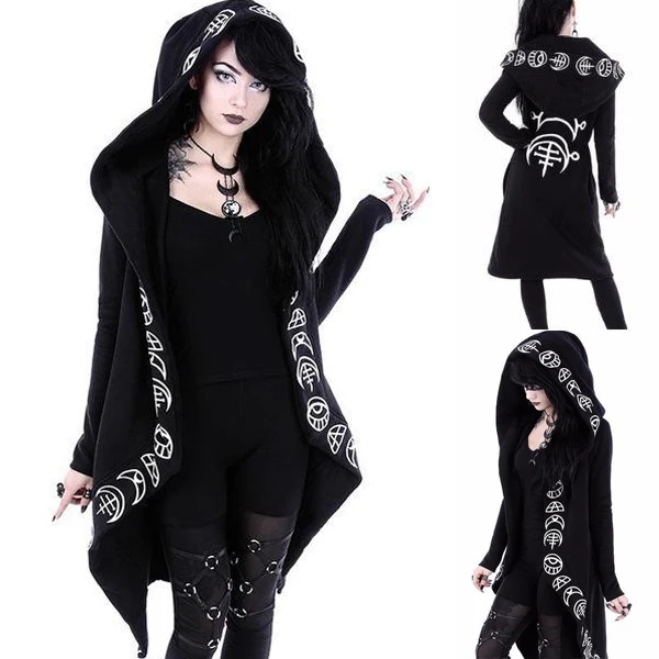 Günstige Frauen Gothic Mit Kapuze Sweatshirt Winter Kühlen Mond Plain Print Schwarz Frauen Hoodies Lange Mantel Chic Unregelmäßige Punk Weibliche Outwears