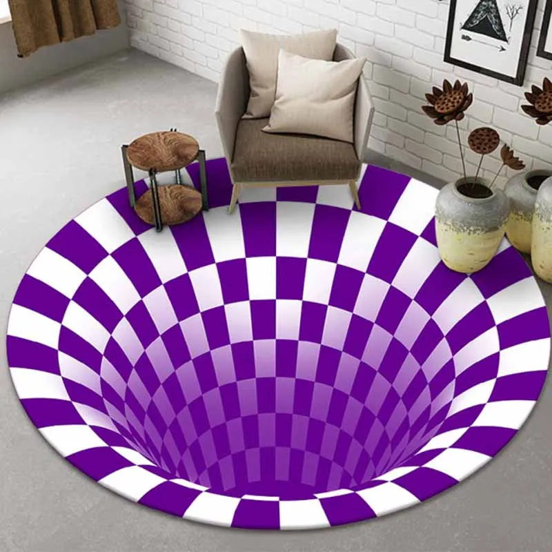 3D Vortex Illusion Black White Round Carpet Anti Slip Floor Mat Areas
