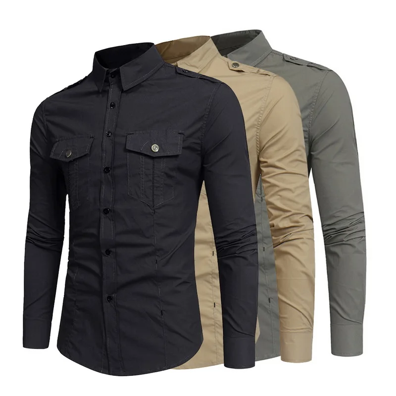 Мужская рубашка-карго, хлопковая, однотонная, с длинными рукавами, VogueShirt, красивая, поп, в стиле милитари, весна-осень, приталенная Мужская рубашка Camisa Masculina