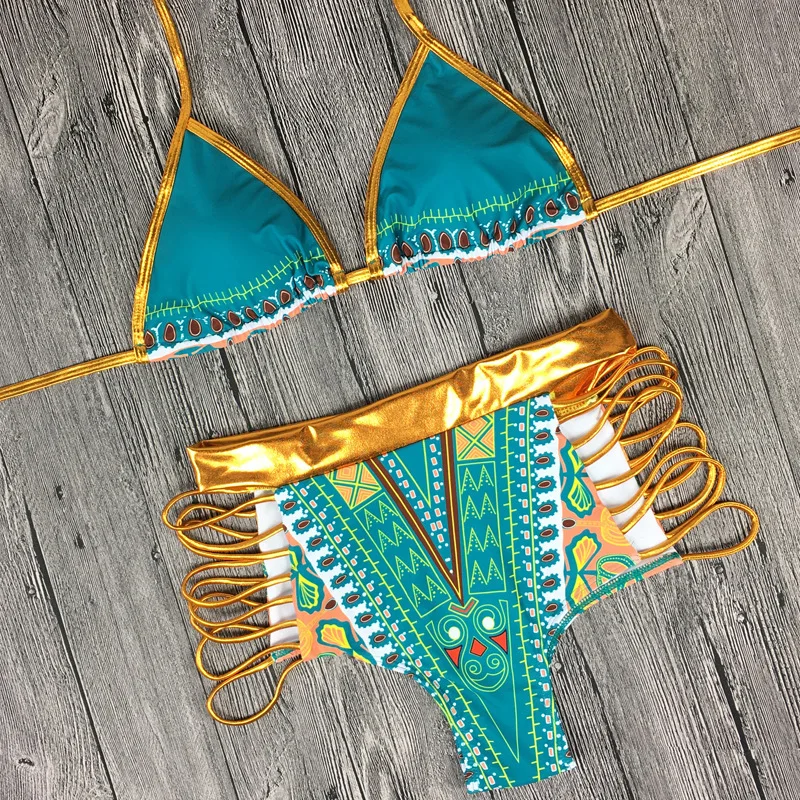 

2017 New Style Europe And America South Africa Bronze Bikini Bathing Suit High-waisted Character Printed Swimwear Hot Selling Bi