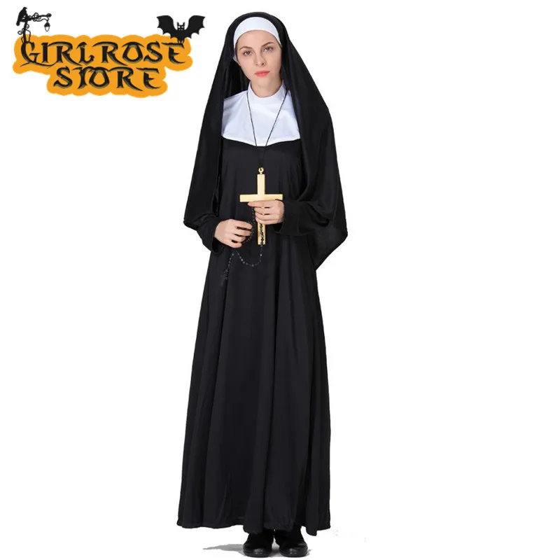 

Women Halloween Cosplay Nun Costume Black Hoodie Wimple Halloween Cosplay Costumes Devoted Nun Church Clothing Long Black Robe