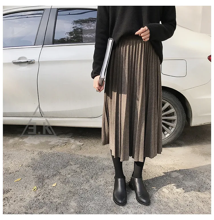 Dark Khaki Шерстяные женские плиссированные юбки с высокой талией длинные юбки Теплые Элегантные Moda Mujer корейская версия черный темно-хаки серый 3 цвета - Цвет: Dark Khaki