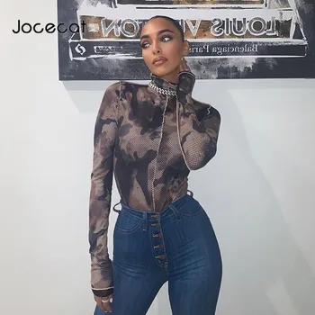 

Tie Dye Camouflage Transparent Sexy Mesh Bodysuit Autumn Winter 2019 Turtleneck Long Sleeve Ladies Rave Body Suits