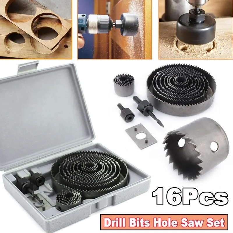 16Pcs Hole Saw Drill Kit Metal Circle Hex Cutter Round Drill Wood Alloy Case 19mm-127mm DIY for Sawing Holes in Normal Wood