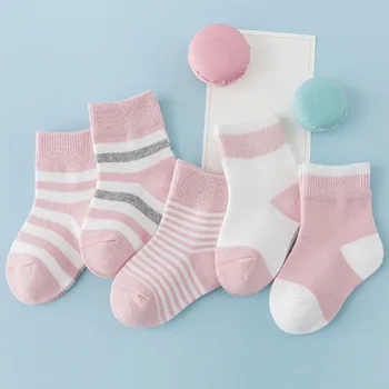 

Toddlers Children Pack of 5 Pairs Organic Striped Cotton Socks Cute Warm for Baby Socks Blue for Boys and Pink for Girls