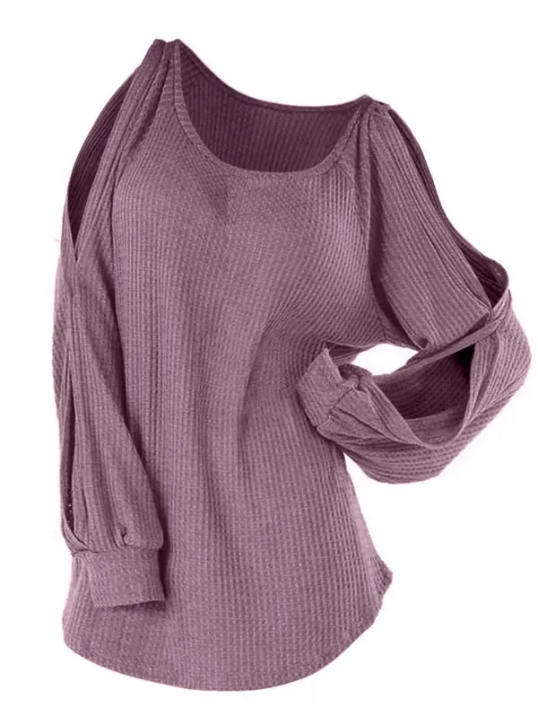 ROSEGAL размера плюс, рукав реглан, туника, трикотаж, пуловеры для женщин, с круглым вырезом, с открытыми плечами, свитера, одноцветная туника, топы, осень - Цвет: Pale Violet Red