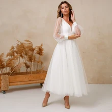 

Simple Dot Tulle Short Wedding Dress Long Sleeves V Neck Elegant Tea Length Bridal Gown For Woman Zip Back 2022 Robe De Soriee