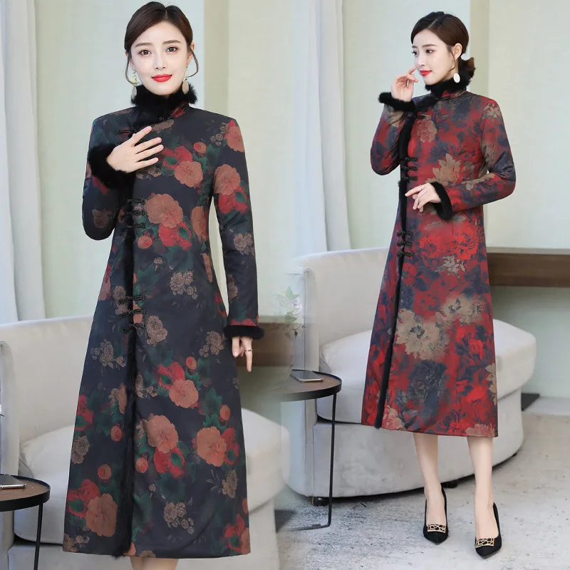 

2019 New Style Ethnic-Style Cheongsam Winter Long Sleeve Thick Warm Long Elegant Improved Padded Tops Cheongsam Formal Dress