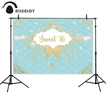

Allenjoy 16st Birthday Party Backdrop Cloth Damask Golden Crown Glitter Letters Bow Bead Curtain Supplies Grand Event Background