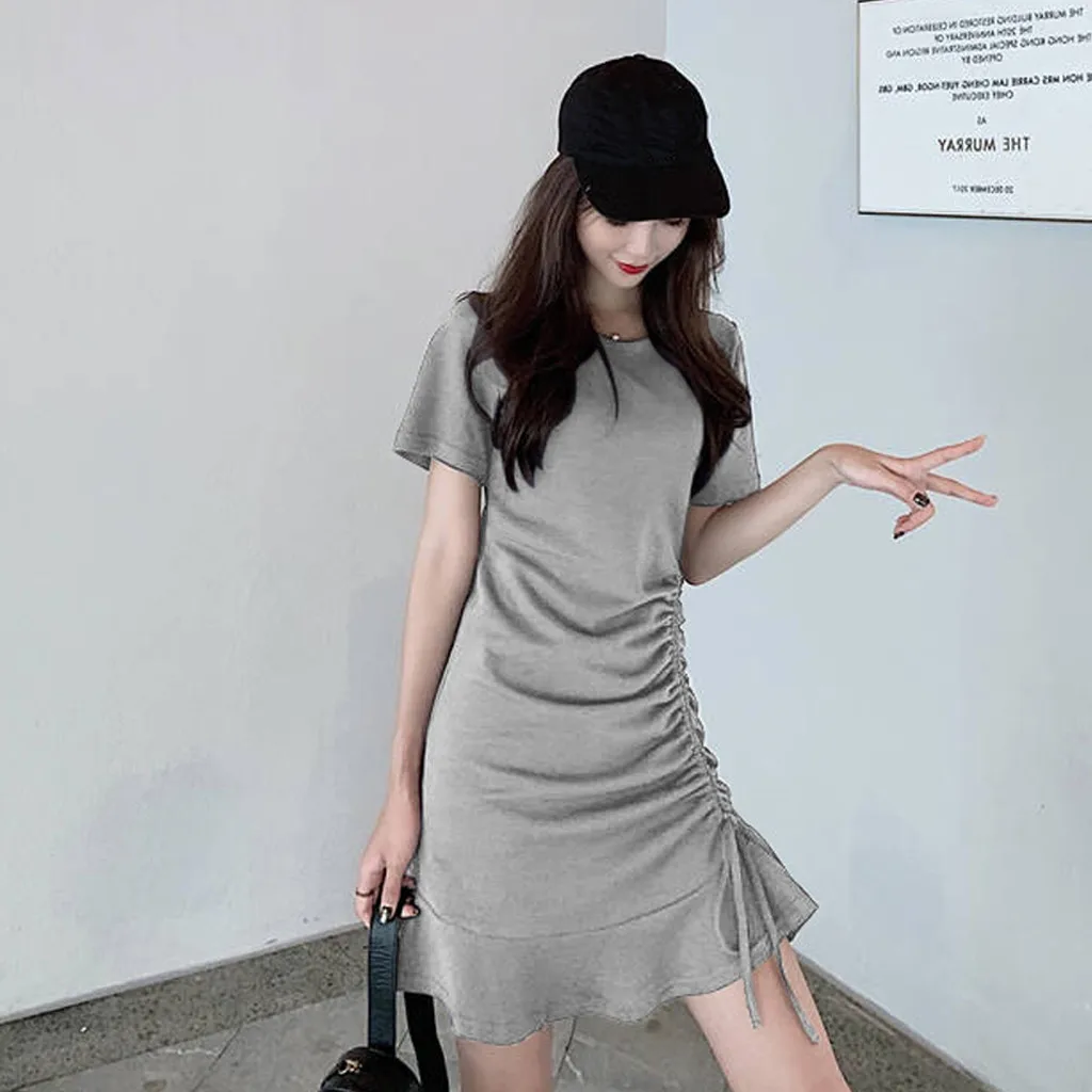 Jaycosin Fashion Summer Casual O-Neck Short Sleeve Elegant Women Summer Long Dress Ladies Slim Thin Solid Ruffles Knee Dress 319