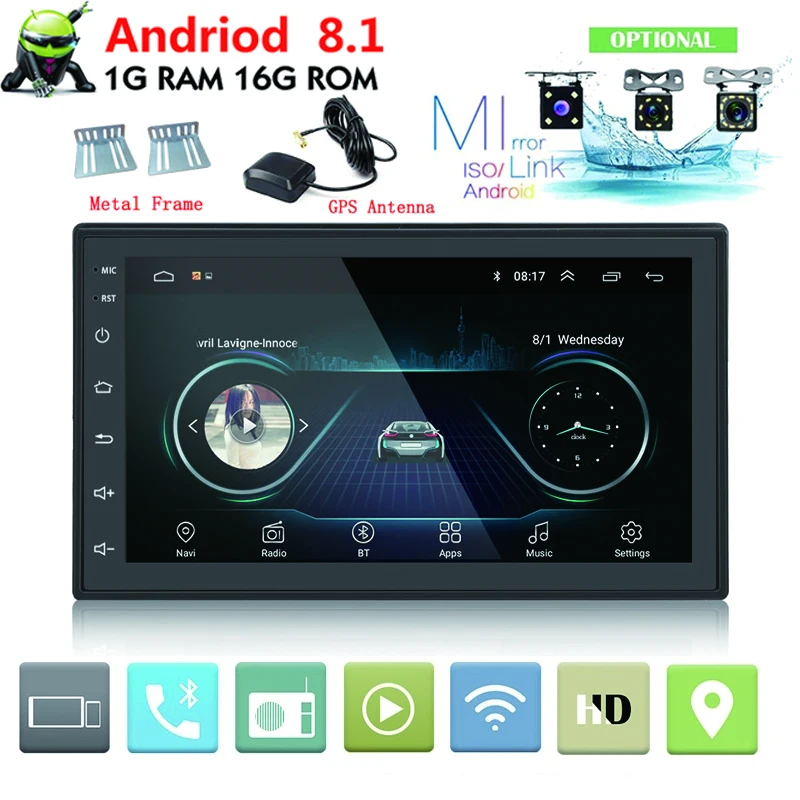 

Android 8.1 Quad Core WIFI 2DIN 7in HD Extra Large Touch Capacitive Screen GPS Navi Car Stereo MP5 Player Bluetooth USB FM Radio