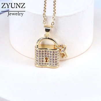 

6PCS, Padlock Shaped Fashion Jewelry Classic Micro Pave CZ Women's Lock Pendant Necklace Gold Color Crystal Zirconia Jewelry