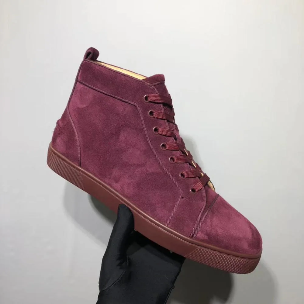 

Top Fashion High Top Leisure Shoe Lace Up Red Wine Suede Leather Rivet Red Bottom For Man Shoes Sneakers Casual Flat 2019
