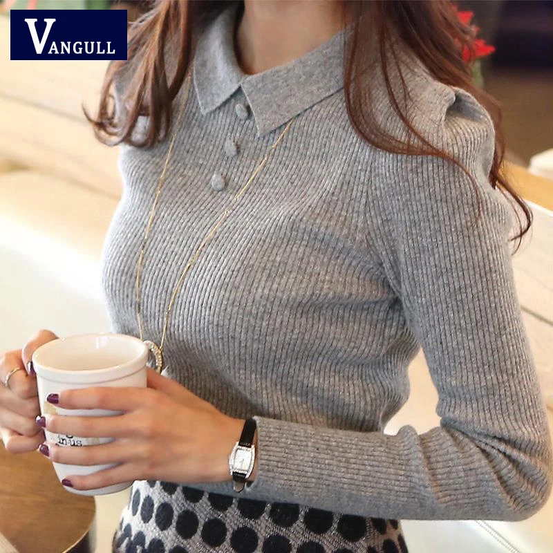 Vangull офисный пуловер тонкий однотонный вязаный отложной воротник женские свитера весна осень джемпер женский - Цвет: Gray
