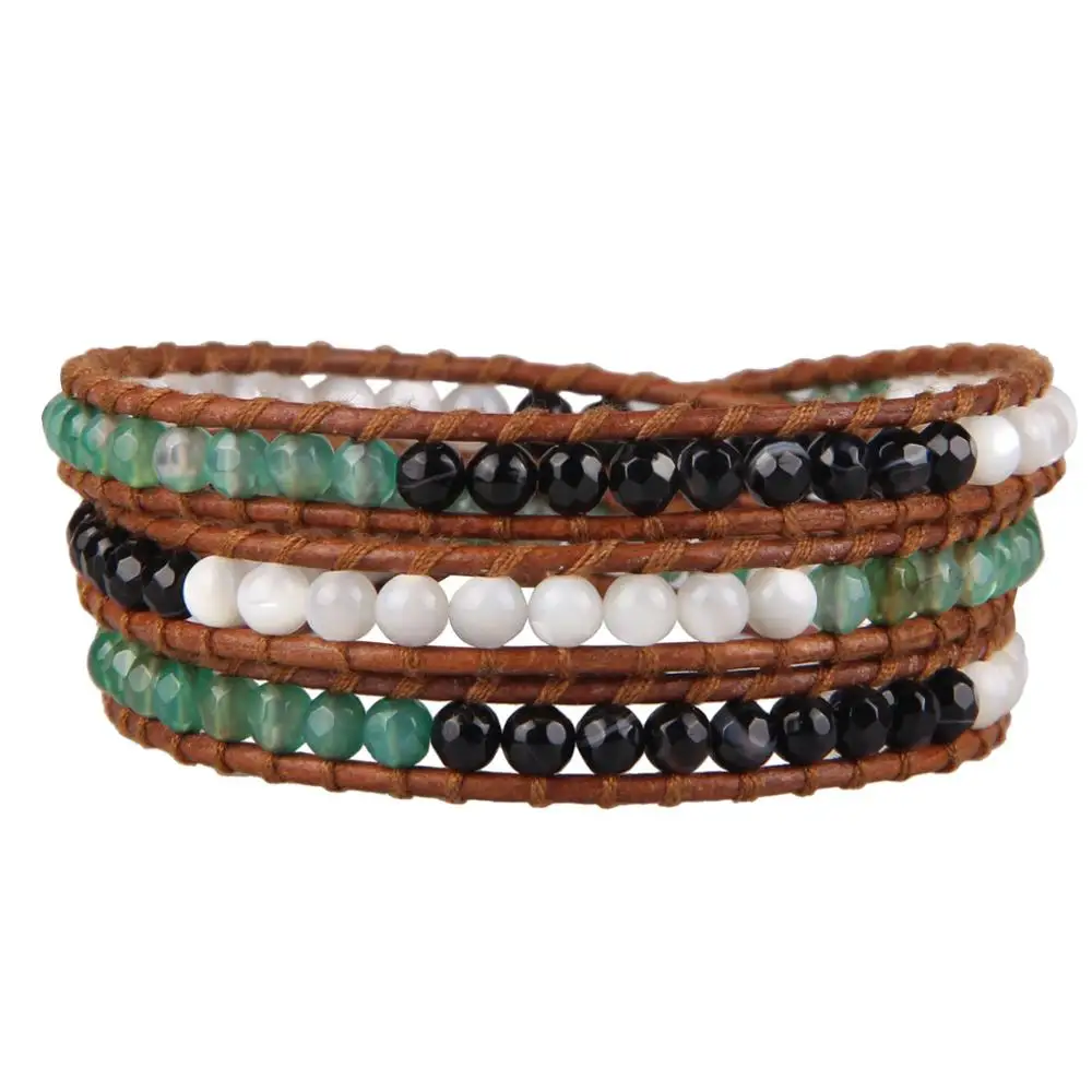 

KELITCH Chakra Beads 3 Wrap Bracelets Handmade Leather Cuff Bracelets Mixed Natural Stone Bangle Cuff for Women Couple Jewelry