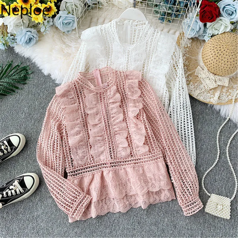 

Neploe Korean Sweet Lace Skinny Chiffon Shirt Temperament Ruffle Chain Flower Blusas Sexy Hollow Out Holiday Blouse Autumn 45781