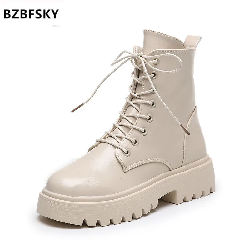 BZBFSKY las mujeres botas de plataforma gótico zapatos de mujer botas de motocicleta mujeres cálido algodón Beige negro tobillo botas 35-40