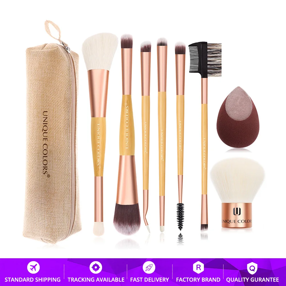 

Multifunction Bamboo Handle Makeup Brush Set With Makeup Blender Flocking Sponge Kabuki Brush Essential Travel Brush Set