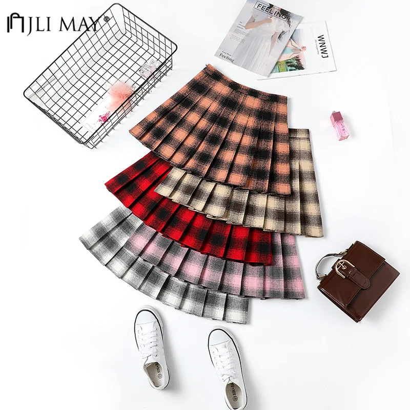 JLI может Высокая талия шерстяная плиссированная юбка осень зима Женская клетчатая ампир Мини Повседневная юбка размера плюс сладкий консервативный стиль