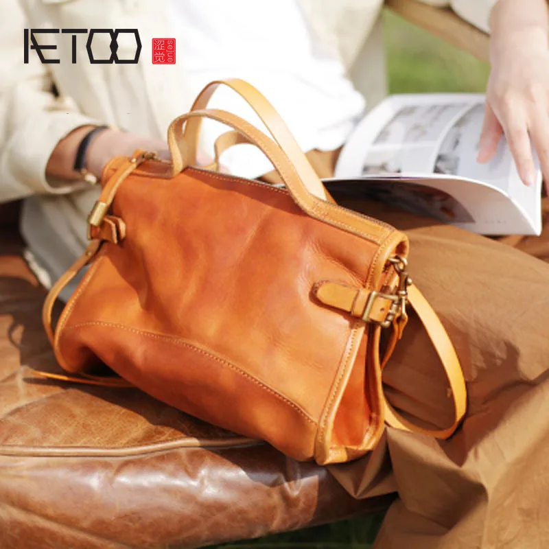 

BJYL New ins retro literary leather handbag shoulder diagonal package blue handmade leather port wind bag
