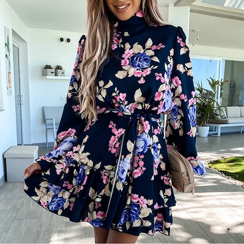 Autumn Spring Buttons Print Sash Ruffles Party Evening Dresses