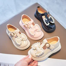 

2022 Spring New Princess Girls Leather Shoes Pearl Bowknot Little Girl Shoe Waterproof Platform Patent Leather Kids Shoes Kawaii