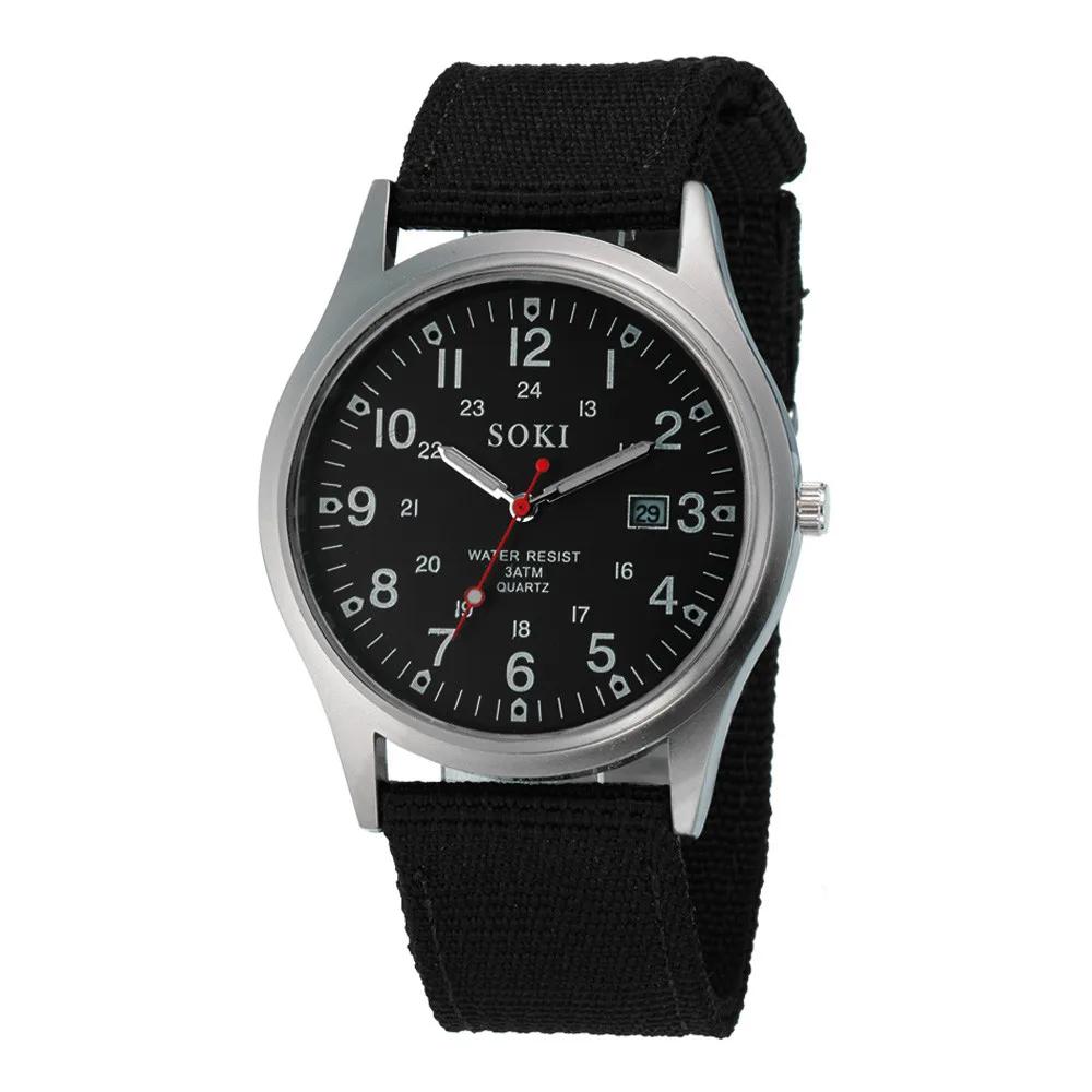 Военные армейские мужские часы с календарем, водонепроницаемые, с датой, Холщовый ремешок, нержавеющая сталь, кварцевые наручные часы, спортивные часы, мужские часы, новинка - Цвет: Black