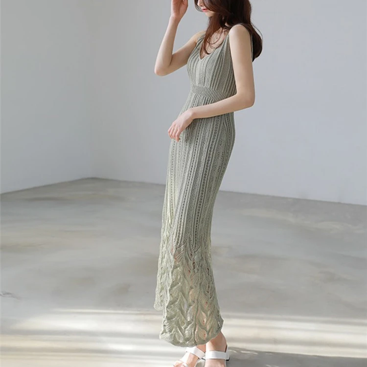 Colorfaith New 2020 Summer Women Dresses Sundress Knitting V-Neck High Elastic Waist Elegant Sexy Casual Lace Long Dress DR2930