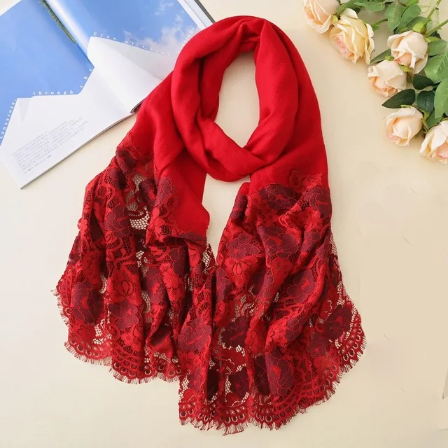 Red Wool Scarf Чистый шерстяной шарф для женщин Зимний кружевной шерстяной шарф с цветочной вышивкой роскошный брендовый кружевной шарф зимний шарф - Цвет: Red Wool Scarf