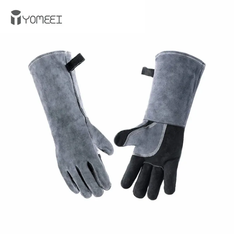 YOMEEI 1 Pair Heat Resistant BBQ Gloves Leather Welding Gloves Oven Kitchen Cooking Insulation Safety BBQ Tools