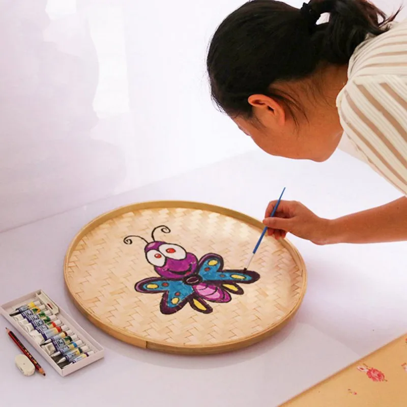 Hand-Woven Round Bamboo Sieve, Hand-painted Bamboo Raft, Dustpan, DIY Decorative Fruit Bread Basket, Kitchen Storage Tray