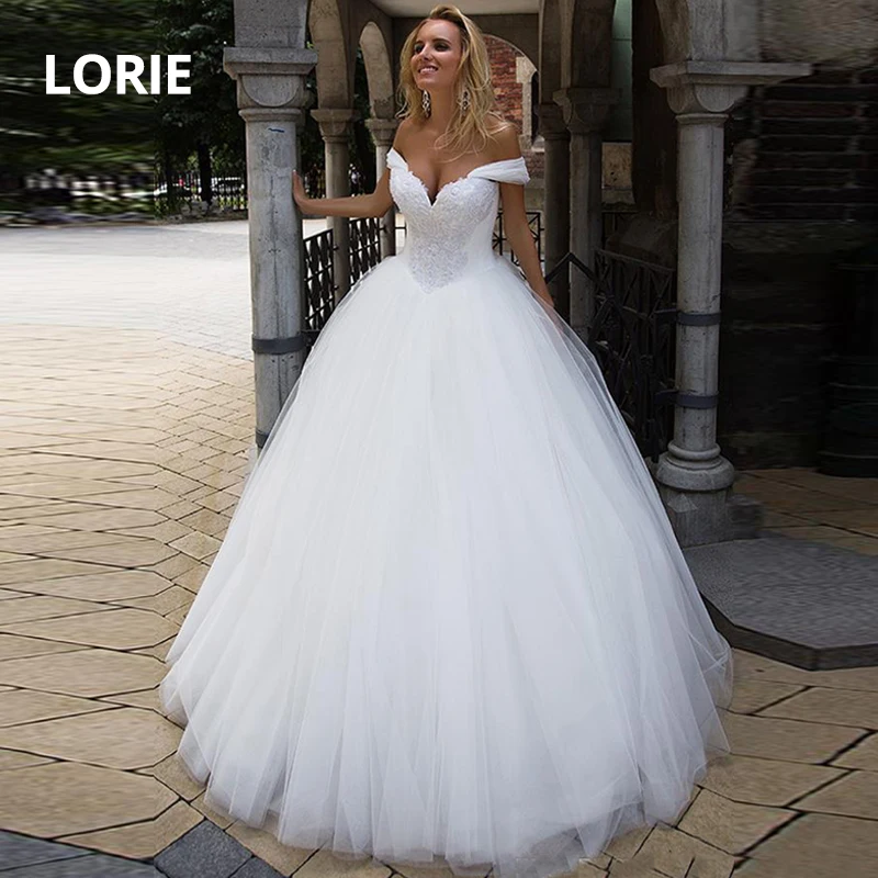 

LORIE Ball Gown Wedding dresses 2020 Long Train Lace Appliques & Beading Lace up Off the shoulder Bride Gowns White Customized