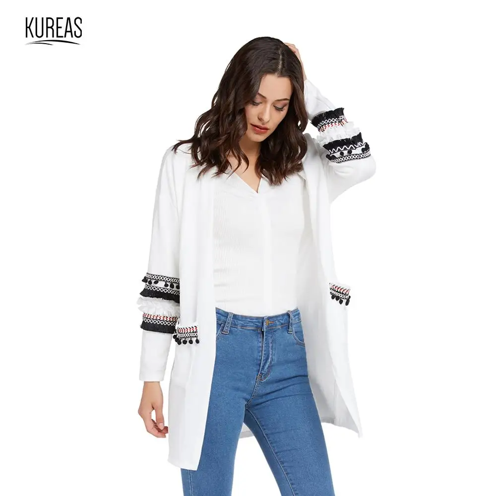

Kureas Women Knitted Cardigans Winter Autumn Warm Sweater Smooth Casual Coats Fashion Appliques Patchwork with Pocket White