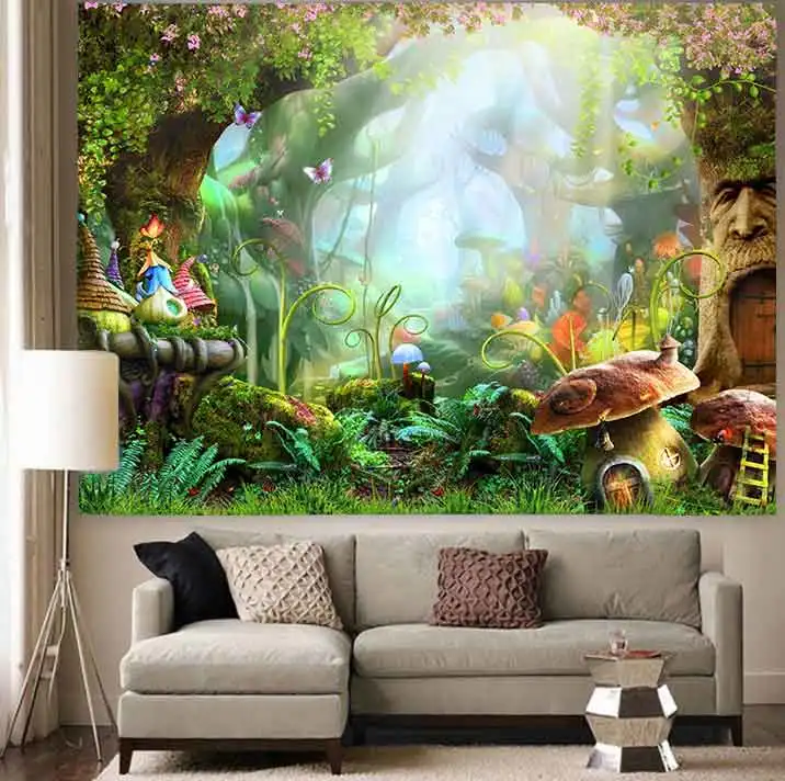 Green Forest Mushroom Tapestries Wall Hanging Psychedelic Tapestry Home Decor 